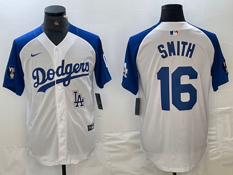 Men Los Angeles Dodgers 16 Smith White blue Fashion Nike Game MLB Jersey style 5